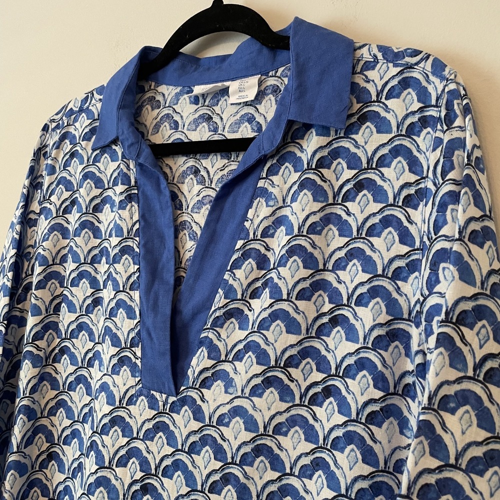 Sigrid Olsen Linen Patterned Tunic Top Blue L Resort Beach Coastal Sustainable - Picture 5 of 10